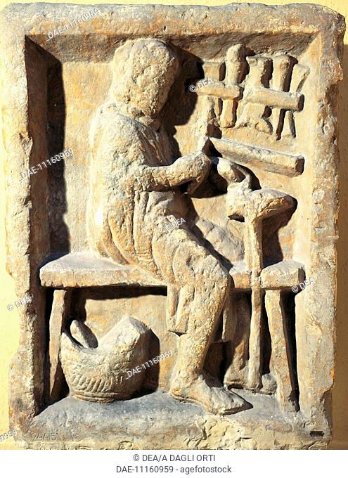 Roman civilization, 2nd century A.D. Relief depicting an artisan workshop: shoemaker at work.  Rome, Museo Della Civiltà Romana (Museum Of Roman Civilisation)