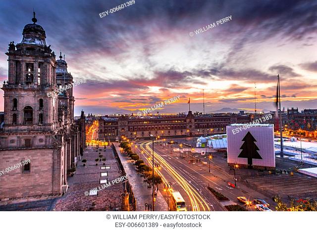 Metropolitan Cathedral and President's Palace in Zocalo, Center of Mexico City Mexico Christmas Sunrise