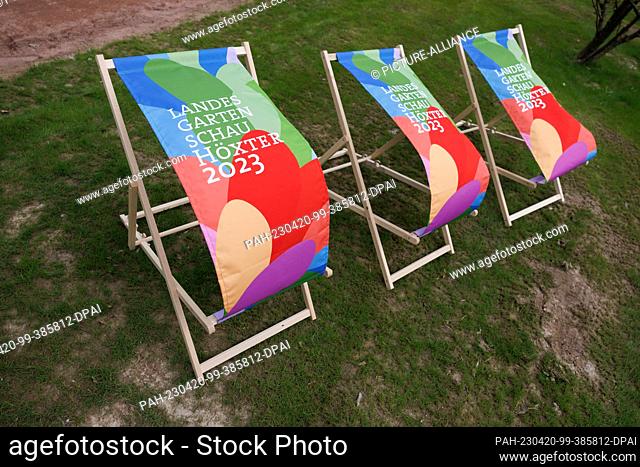 20 April 2023, North Rhine-Westphalia, Höxter: sunbeds stand on the grounds of the State Garden Show. Until October 15, gardeners and landscapers will be...