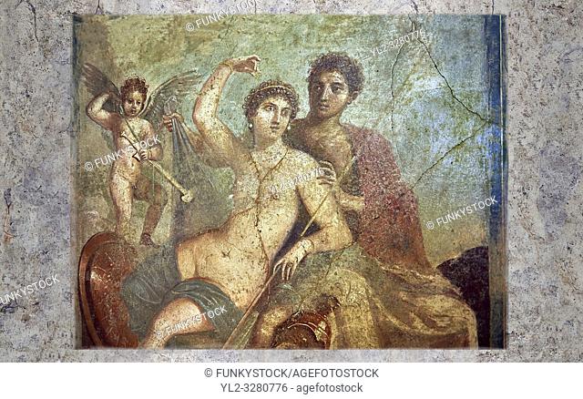Roman Erotic Fresco from Pompeii, 1st cent AD , workshop Banner showing Mercury with a massive phalus , Secret Museum or Secret Cabinet