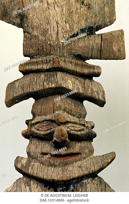 Wooden carving on the roof of the men's house, Naketi region, New Caledonia, overseas territory of the French Republic