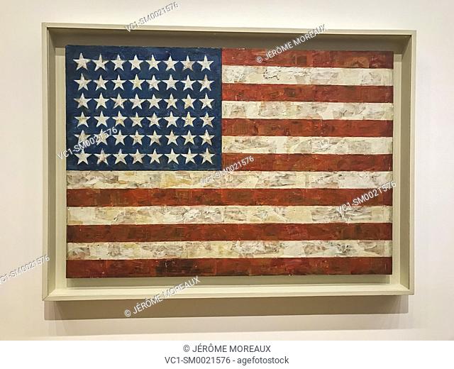 Flag, Jasper Johns, 1954, Encaustic, oil and collage mounted on plywood, three panels, Museum of Modern Art, New York city