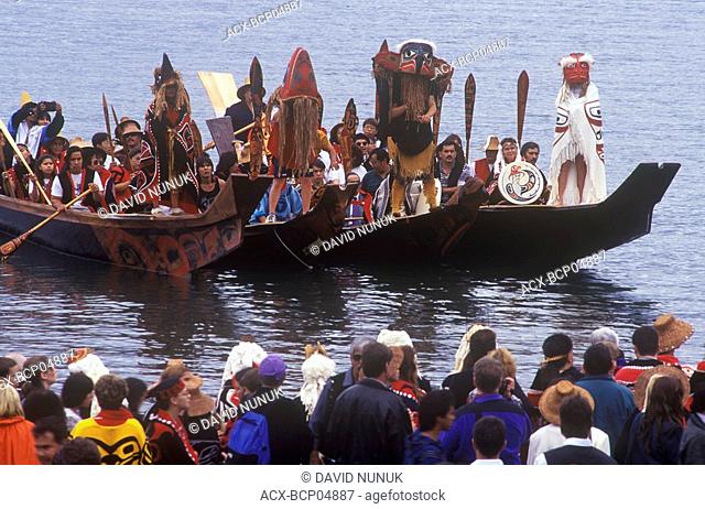 Haida war canoes at a wedding, Haida Gwaii, British Columbia, Canada