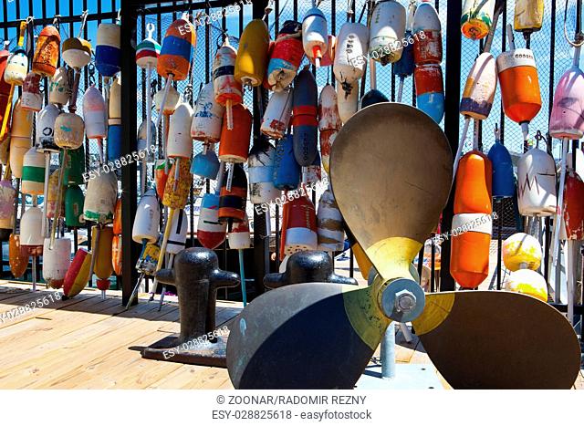 Different brightly colored floats are used to mark crab pots