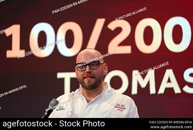 09 March 2022, Hamburg: Michelin-starred chef Thomas Imbusch of Hamburg's ""100/200 Kitchen"" restaurant is on stage during the 2022 Michelin star awards...