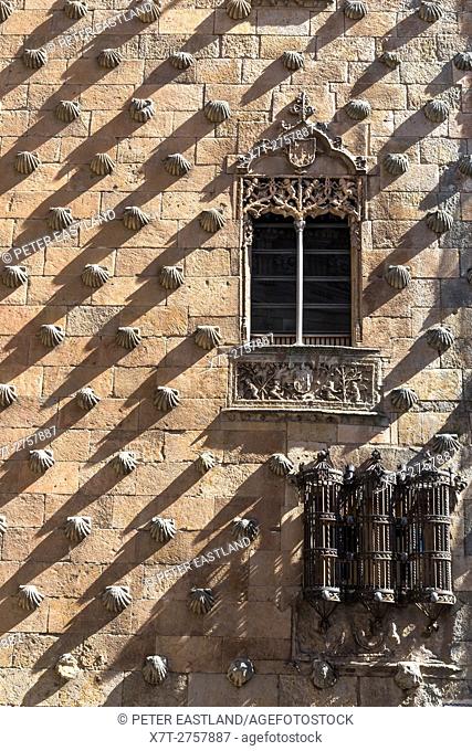 Wrought iron windows and decorative stone work on The 16th cen. Casa De Las Conchas, Salamanca, Spain