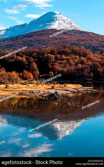 Autumn in Patagonia. Cordillera Darwin, part of Andes range, Isla Grande de Tierra del Fuego, Chilean territory, view from the Argentine side