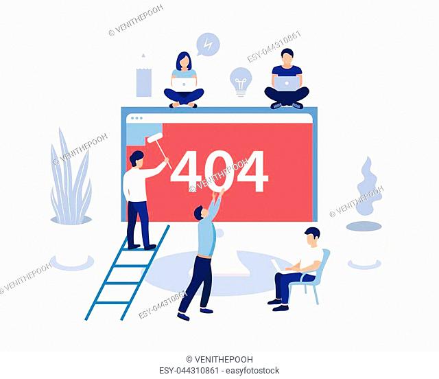 404 error page design concept. Laptop screen with error. Small people repair the site with a problem. Trendy flat style. Vector illustration