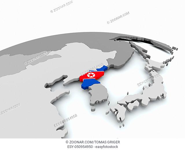 North Korea on grey political globe with embedded flag. 3D illustration