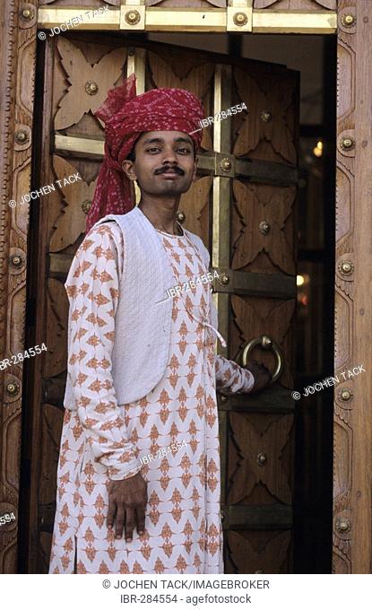 Doorman at the Oberoi Hotel and Resort Rajvilas, Jaipur, Rajasthan, India