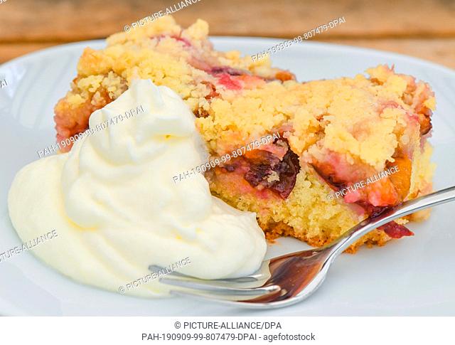 08 September 2019, Brandenburg, Sieversdorf: A piece of freshly baked plum cake with sprinkles and whipped cream lies on a plate