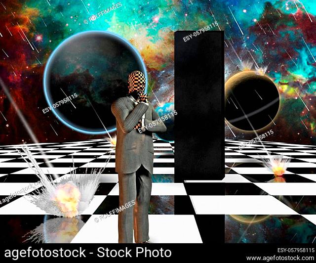 Planetary Armageddon. Massive meteorite - asteroid shower destroy planets. Black mystic monolith and thinking businessman on chessboard. 3D rendering