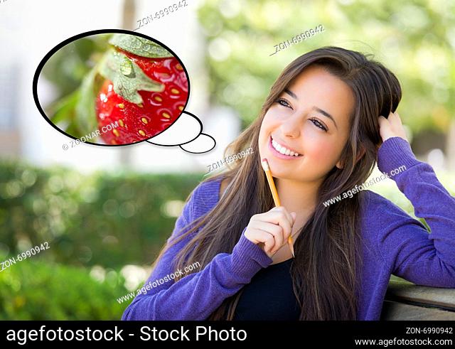 Pensive Woman with Nutritious Strawberry Inside Thought Bubble