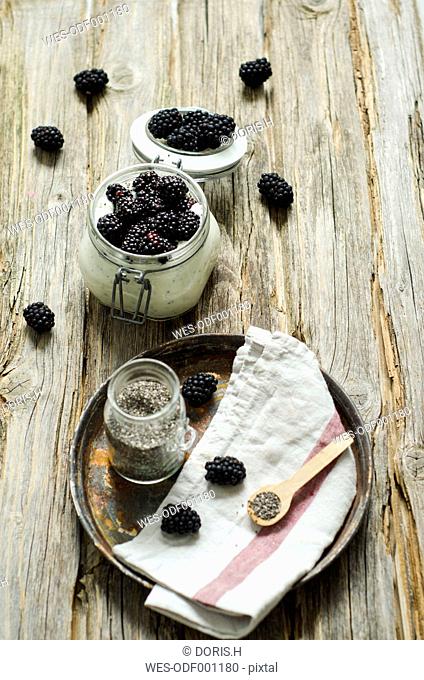 Glass of chia pudding with natural yoghurt and blackberries