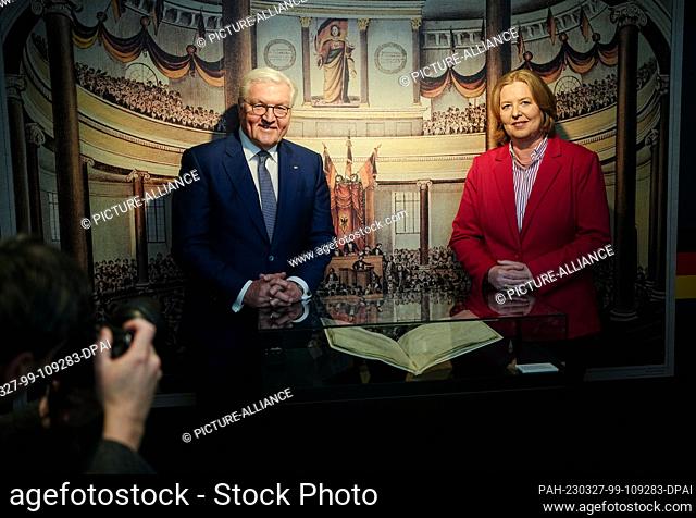 27 March 2023, Berlin: Federal President Frank-Walter Steinmeier (l) and Bärbel Bas (SPD), President of the Bundestag, attend the opening of the exhibition with...