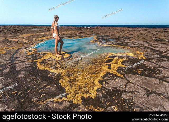 A woman stands by a small rockpool on the coastal rock shelf which is lined with a pretty yellow seaweed