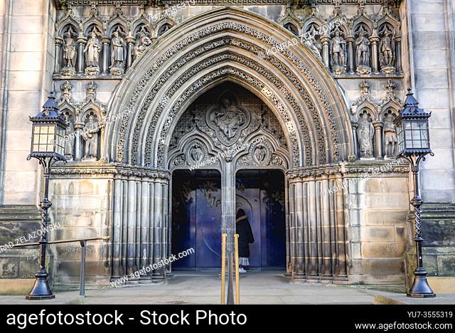 West facade of St Giles Cathedral also called High Kirk of Edinburgh in Edinburgh, the capital of Scotland, part of United Kingdom