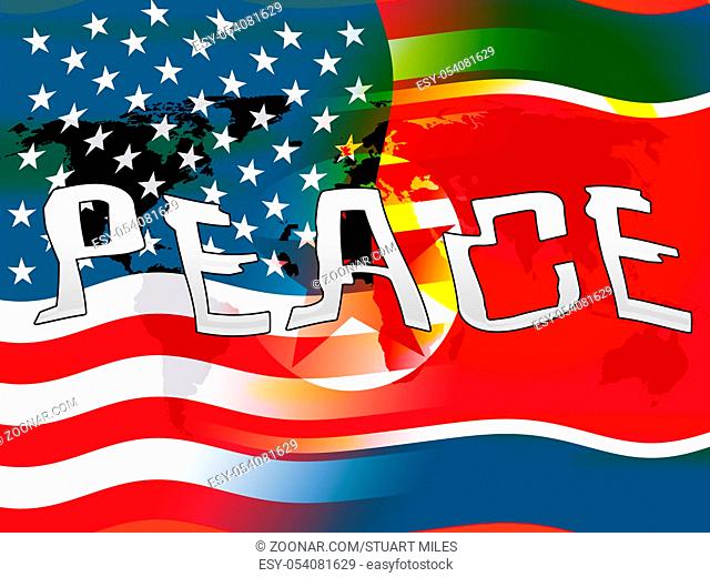 Usa North Korea Peace Waving Flag 3d Illustration. Peaceful Love And Hope Between America And Dprk Cooperation Talks