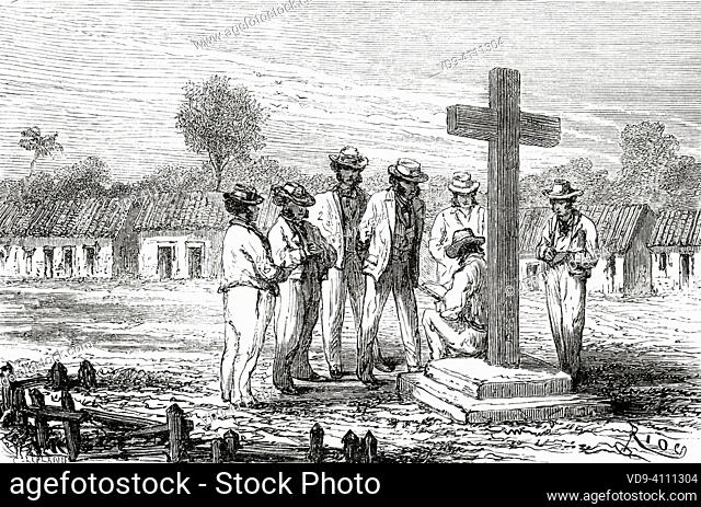 Men dressed in white around a cross, Brazil. South America. Journey through South America, from the Pacific Ocean to the Atlantic Ocean by Paul Marcoy 1848-1860...