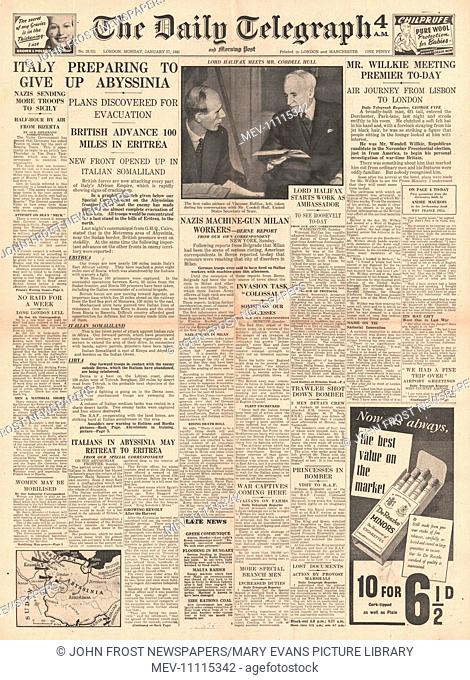 1941 front page Daily Telegraph Italains retreat in Abyssinia, Lord Halifax meets Cordell Hull and Wendell Willkie to meet Churchill