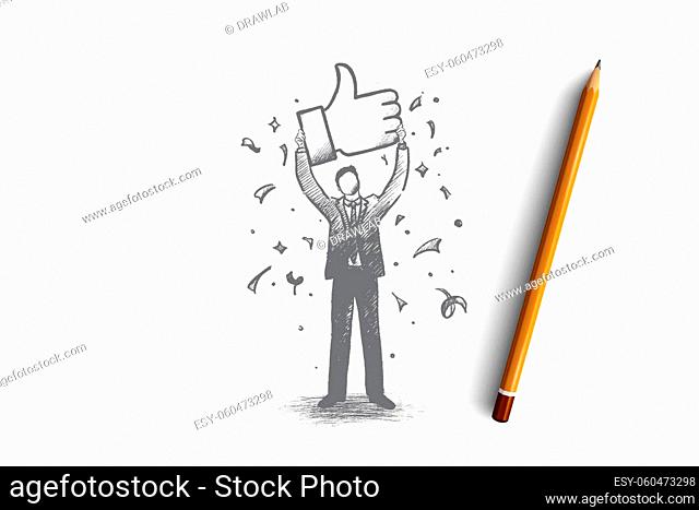 Network communication concept. Hand drawn thumbs up sign as symbol of like. Networking symbol isolated vector illustration