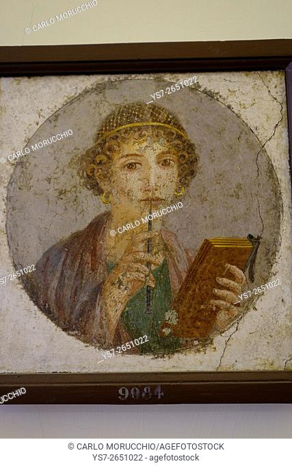 Woman with wax tablets and stylus, so-called Sappho, Naples National Archaeological Museum, Naples, Italy, Europe