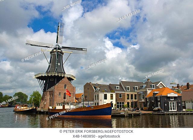 Molen de Adriaan windmill by river Spaarne Haarlem town the Netherlands Europe