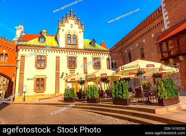 Krakow, Poland - June 18, 2019: Cityscape with Church of the Transfiguration of the Lord Pijarska in old town