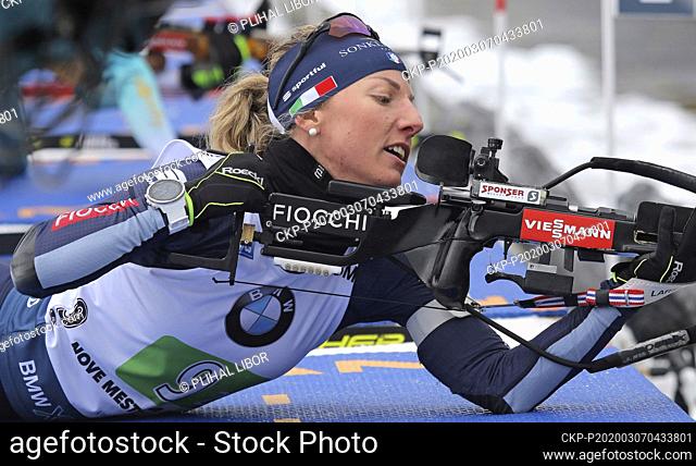 FEDERICA SANFILIPPO of Italy in action during the World Cup biathlon women's 4x6 km relay race in Nove Mesto, Czech Republic, March 7, 2020