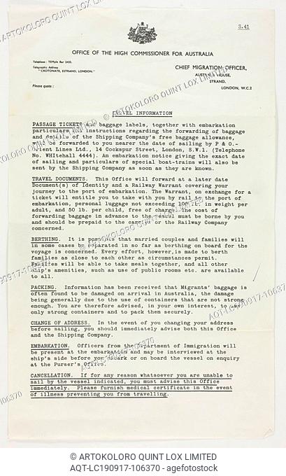 Letter - Ship Travel Information, Myerscough, 1963, Letter from the Office of the High Commissioner for Australia regarding travel information such as passage...
