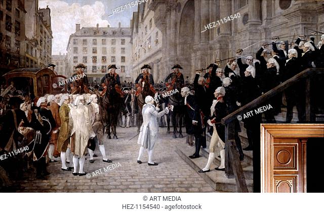 Louis XVI is received by the new Mayor of Paris, Jean Sylvain Bailly, July 17 1789 (19th/early 20th century). One of the instigators of the Oath of the Tennis...
