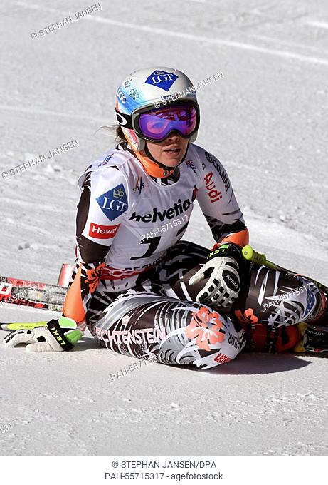 Tina Weirather of Liechtenstein reacts after her run in the Ladies' Downhill at the Alpine Skiing World Championships in Vail - Beaver Creek, Colorado, USA