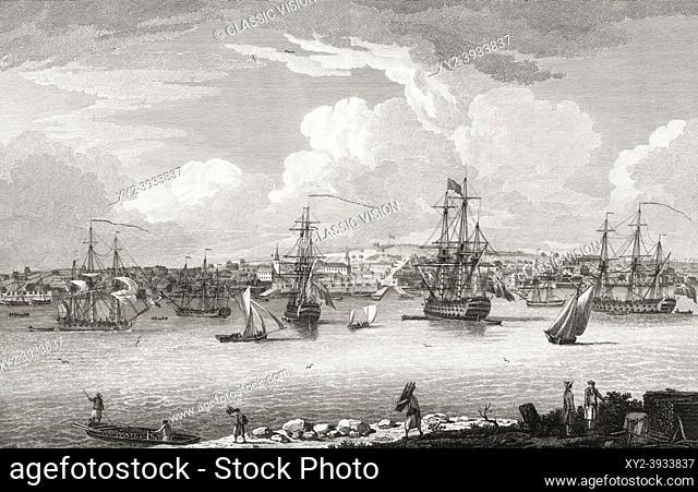 Halifax town and harbour, Nova Scotia, Canada in the 18th century. After a work by Dominic Serres