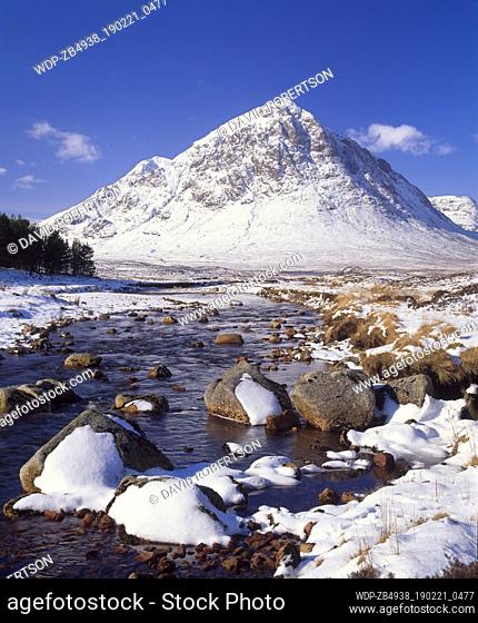 Scotland, Highland, Lochaber. Buachaille Etive Mor and the River Etive from near the Kings House Hotel. This mountain stands at the head of both Glen Coe and...