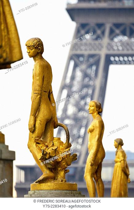 Closed up view of a gilded bronze statues on the central square of the Palais de Chaillot, Paris, France