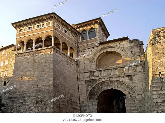 Image of the Arco Etrusco of Perugia in Umbria, Italy.Das Arco Etrusco von Perugia in Umbria, Italien. Das monumentale etruskische Stadttor aus dem 3