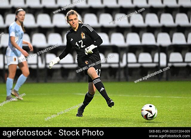 Riet Maes pictured in action with the ball during a friendly soccer game between the national women under 23 teams of Belgium, called the red flames