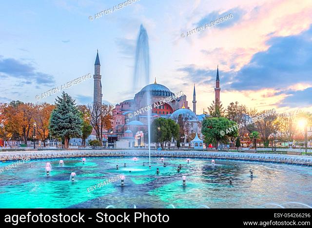 Sultan Ahmet Square fountain and Hagia Sophia, Istanbul, Turkey