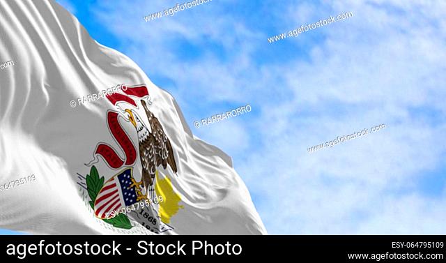 Close-up of the Illinois state flag waving in the wind on a clear day. Seal of Illinois against a white backdrop with the word ""Illinois"" below