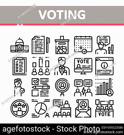 Voting And Election Collection Icons Set Vector Thin Line. Congress Building And Monitor, Calendar And Human Silhouette Democracy Voting Concept Linear...