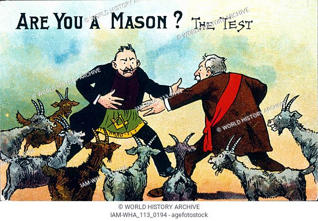 Edwardian British postcard satirising freemasons. Circa 1908. Freemasonry or Masonry consists of fraternal organisations that trace their origins to the local...