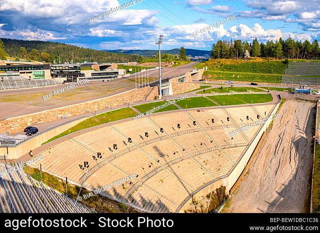 Oslo, Ostlandet / Norway - 2019/09/02: Winter sports facilities of the Holmenkollen National Arena complex - Holmenkollbakken - an Olympic skiing facility after...