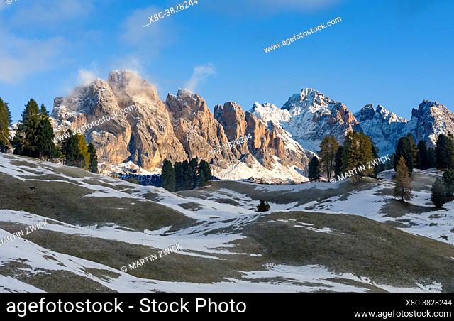 Geisler mountain range (Geislergruppe, Odle) in the dolomites of the Groeden Valley or Val Gardena in South Tyrol - Alto Adige