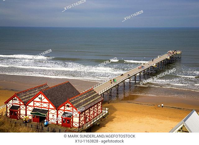The Pier busy at Half Term in Winter Saltburn Cleveland England