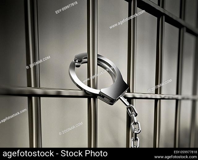 Handcuffs attached to metal prison bars.3D illustration
