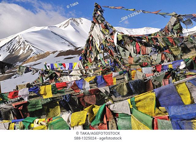 Tibetan prayer flags at Taglang La pass is 2nd highest pass in the world. Jammu and Kashmir, India