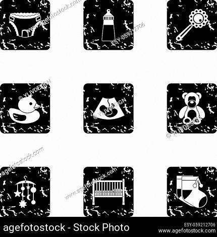 Baby icons set. Grunge illustration of 9 baby vector icons for web
