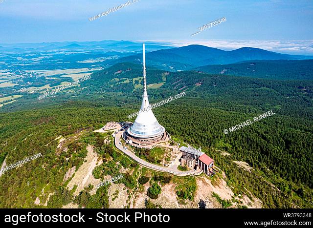 Aerial of the Jested Tower, a TV tower and hotel, the highest mountain peak of the Jested-Kozakov Ridge, Jested, Czech Republic, Europe