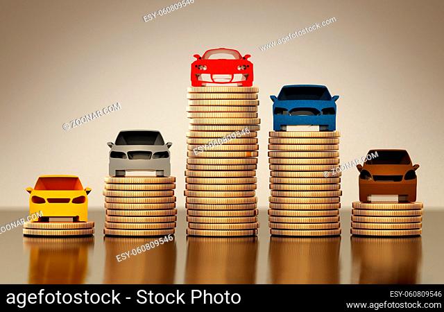 Colored car silhouettes standing on gold coin stacks. 3D illustration