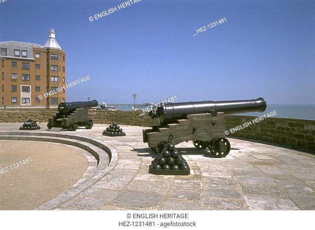 Cannon on the outer bastions of Deal Castle, Kent, 1997. Cannon and cannonballs on one of the outer bastions overlooking the sea